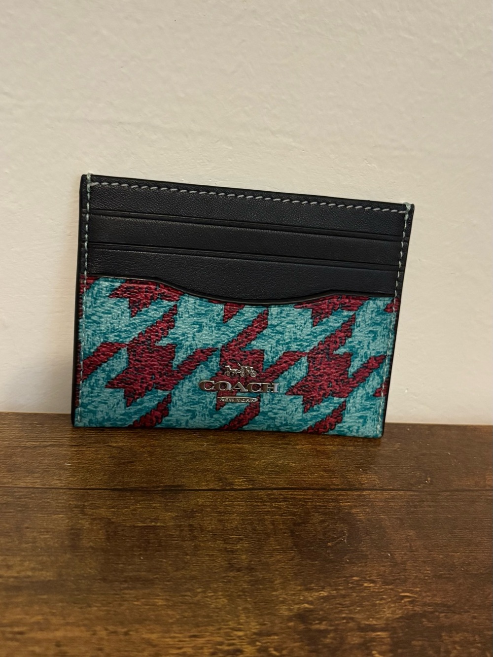 Coach Slim ID Card Case in Houndstooth Print (Teal/Wine Color)